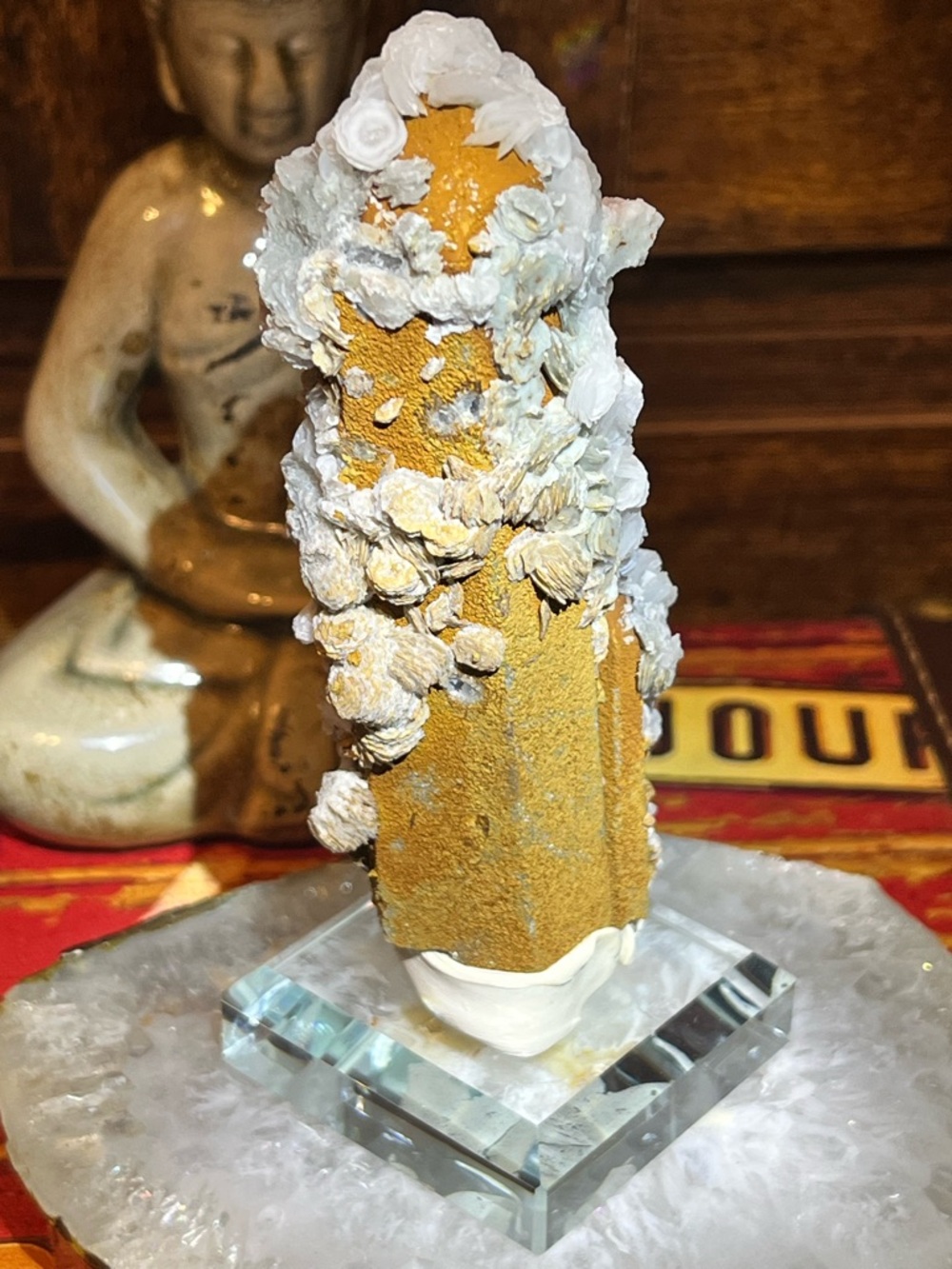 Calcite Rosettes on Candle Quartz